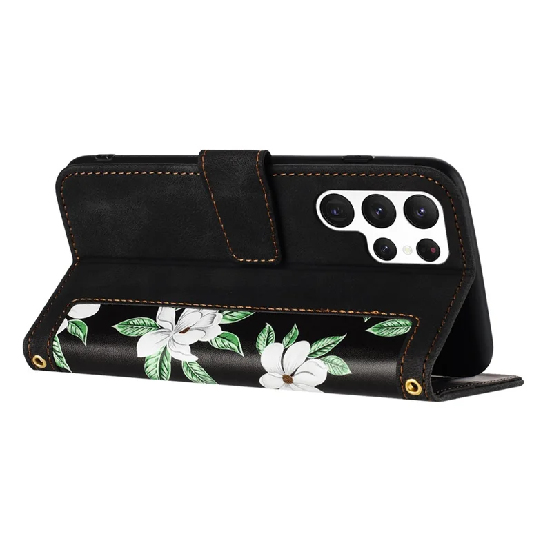 Voor Samsung Galaxy S23 Ultra PU Leather Case met Bloemenpatroon Print, Zwart