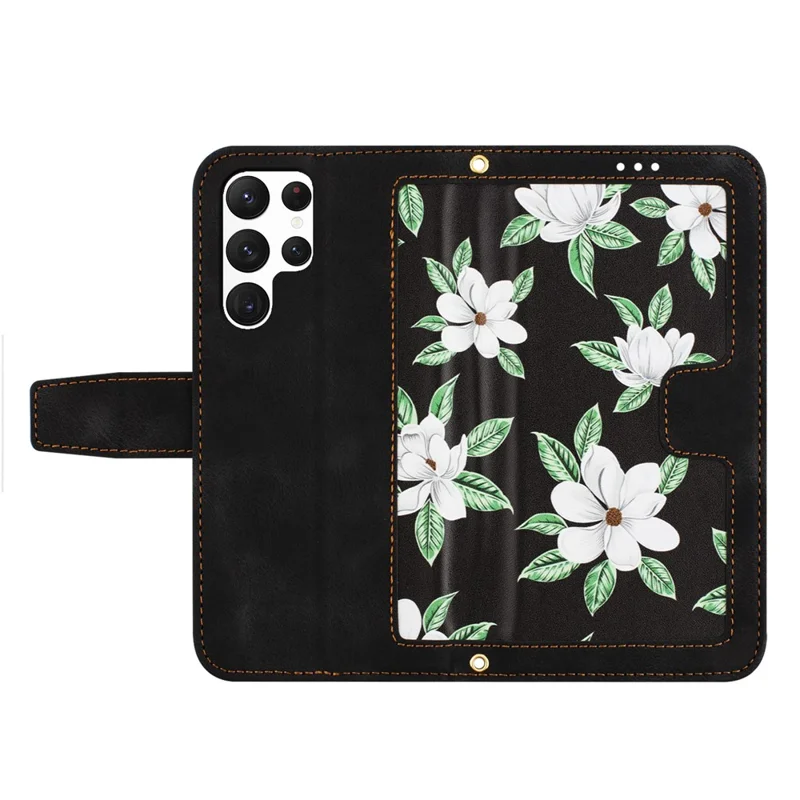 Voor Samsung Galaxy S23 Ultra PU Leather Case met Bloemenpatroon Print, Zwart