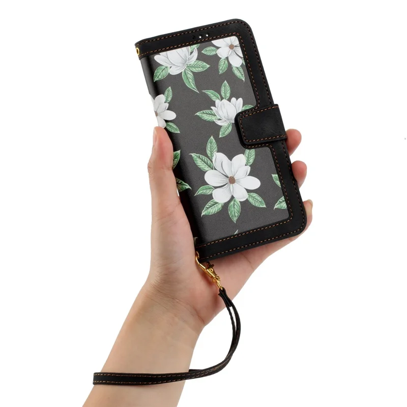 Voor Samsung Galaxy S23 Ultra PU Leather Case met Bloemenpatroon Print, Zwart