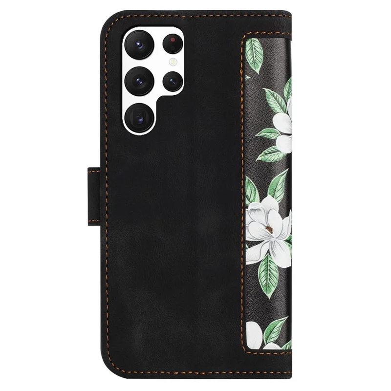 Voor Samsung Galaxy S23 Ultra PU Leather Case met Bloemenpatroon Print, Zwart
