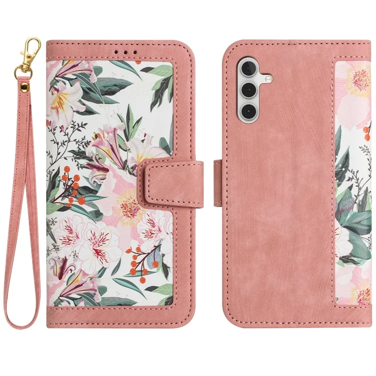 Per Samsung Galaxy A14 4G / 5G Custodia per telefono Flower Pattern Printing PU Leather Stand Cover con porta carte - Rosa