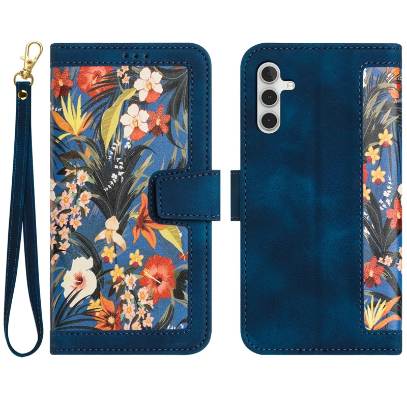 For Samsung Galaxy A14 4G / 5G Phone Case Flower Pattern Printing PU Leather Stand Cover with Card Holder - Dark Blue