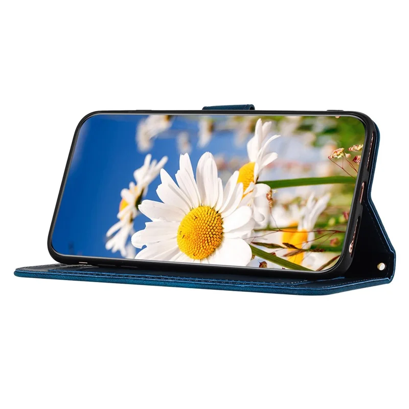 For Samsung Galaxy A14 4G / 5G Phone Case Flower Pattern Printing PU Leather Stand Cover with Card Holder - Dark Blue