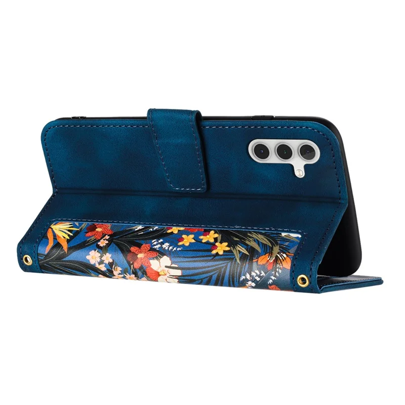 For Samsung Galaxy A14 4G / 5G Phone Case Flower Pattern Printing PU Leather Stand Cover with Card Holder - Dark Blue