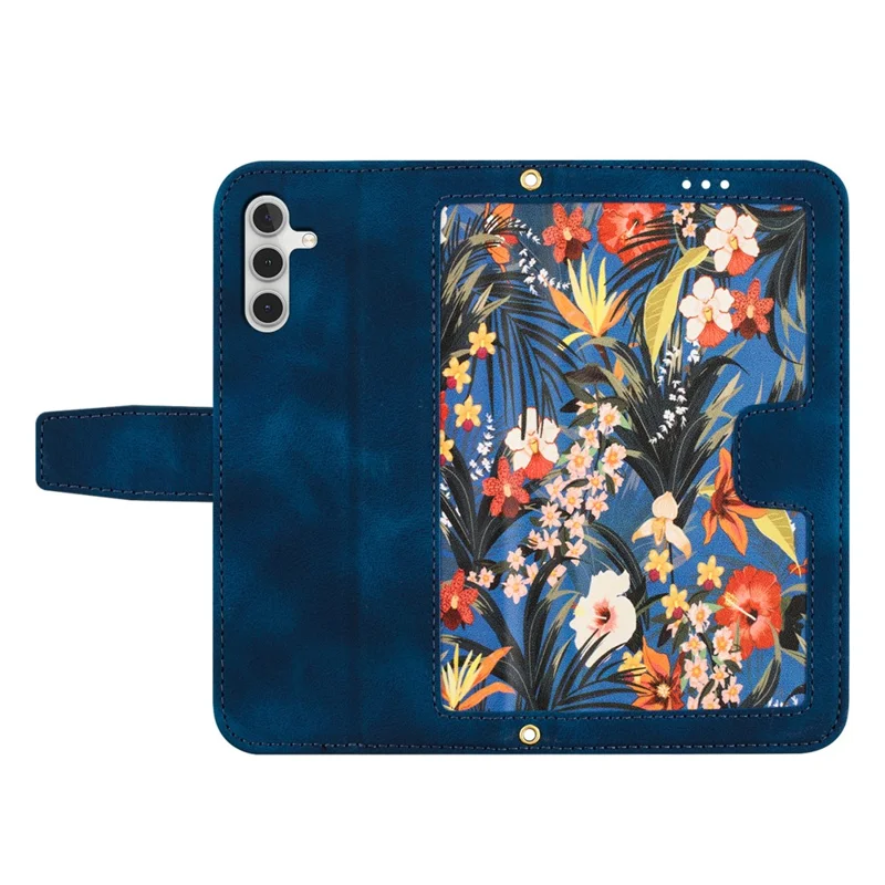 For Samsung Galaxy A14 4G / 5G Phone Case Flower Pattern Printing PU Leather Stand Cover with Card Holder - Dark Blue