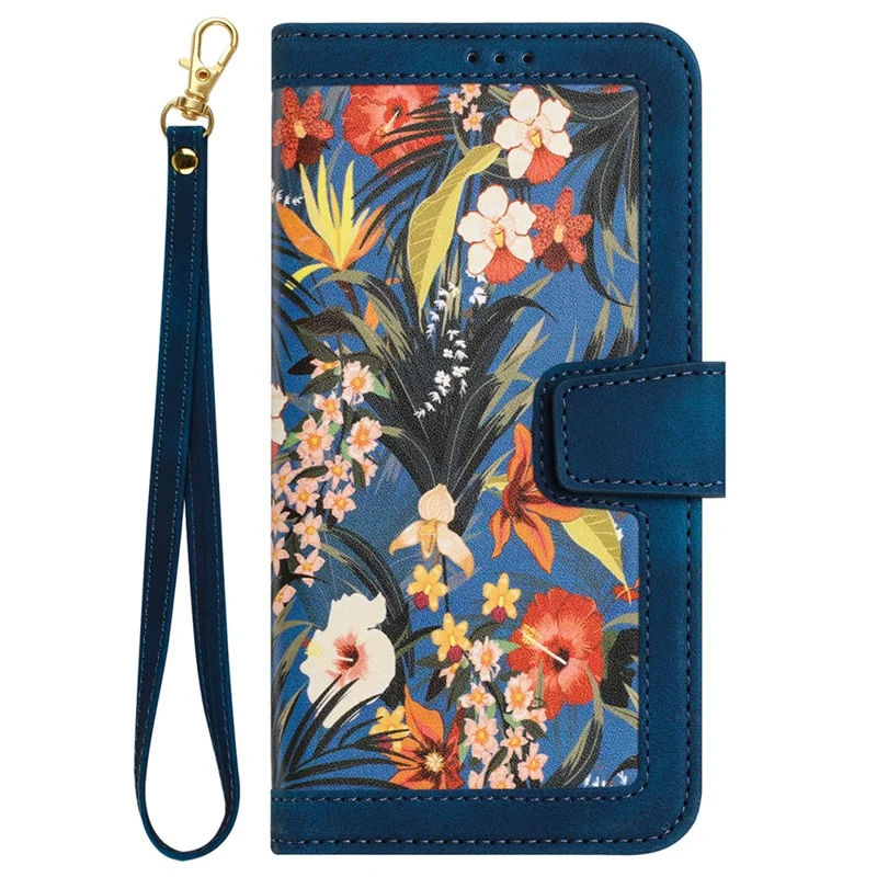 For Samsung Galaxy A14 4G / 5G Phone Case Flower Pattern Printing PU Leather Stand Cover with Card Holder - Dark Blue