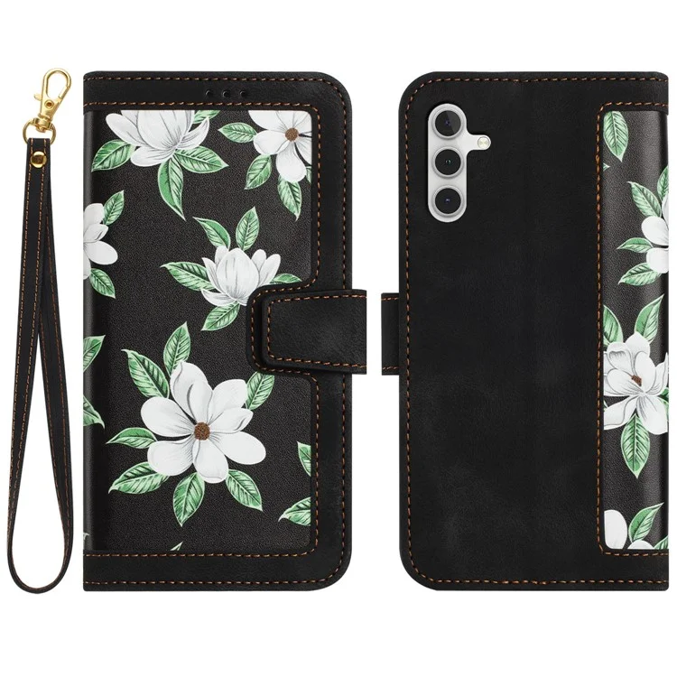 For Samsung Galaxy A34 5G Phone Case Flower Pattern Printing Stand Leather Cover with Card Slots - Black