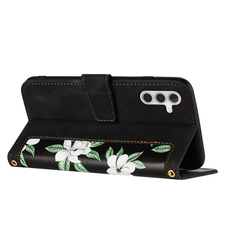 For Samsung Galaxy A34 5G Phone Case Flower Pattern Printing Stand Leather Cover with Card Slots - Black