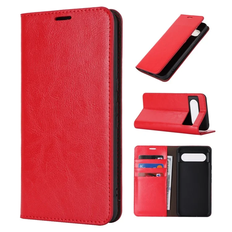 Pour Google Pixel 8 Flip Stand Wallet Crazy Horse Texture Cover Genuine Cow Leather Phone Case - Red