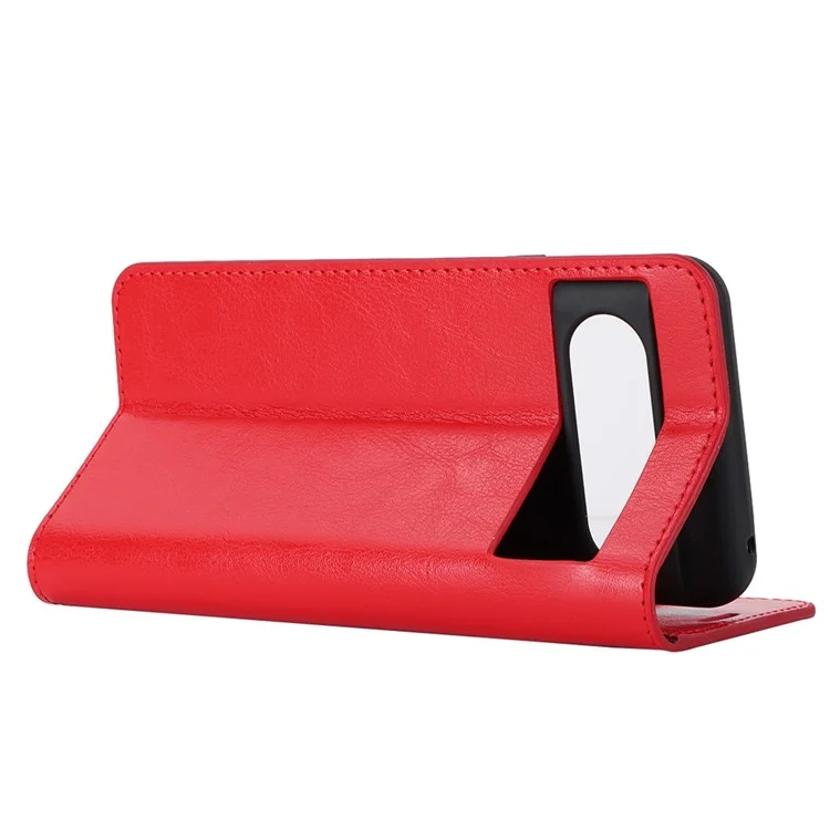 Pour Google Pixel 8 Flip Stand Wallet Crazy Horse Texture Cover Genuine Cow Leather Phone Case - Red