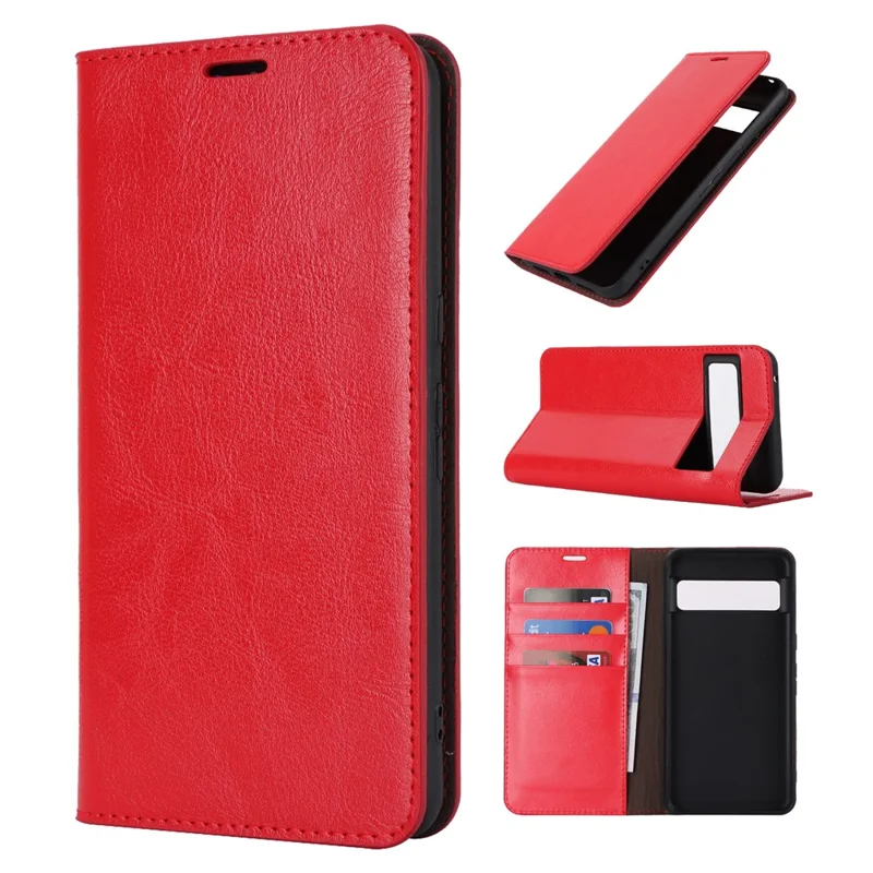 Genuine Cow Leather Cover for Google Pixel 8 Pro Crazy Horse Texture Wallet Stand Phone Case - Red