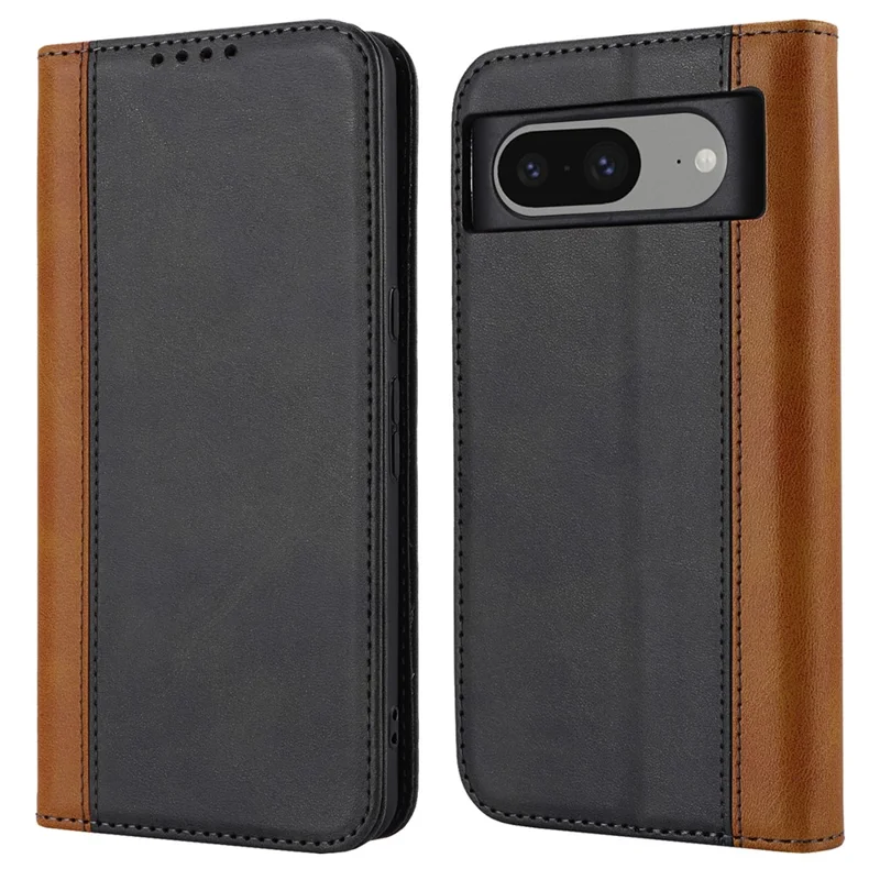 For Google Pixel 8 PU Leather Phone Case Bi-color Splicing Stand Wallet Cover - Black+Yellow