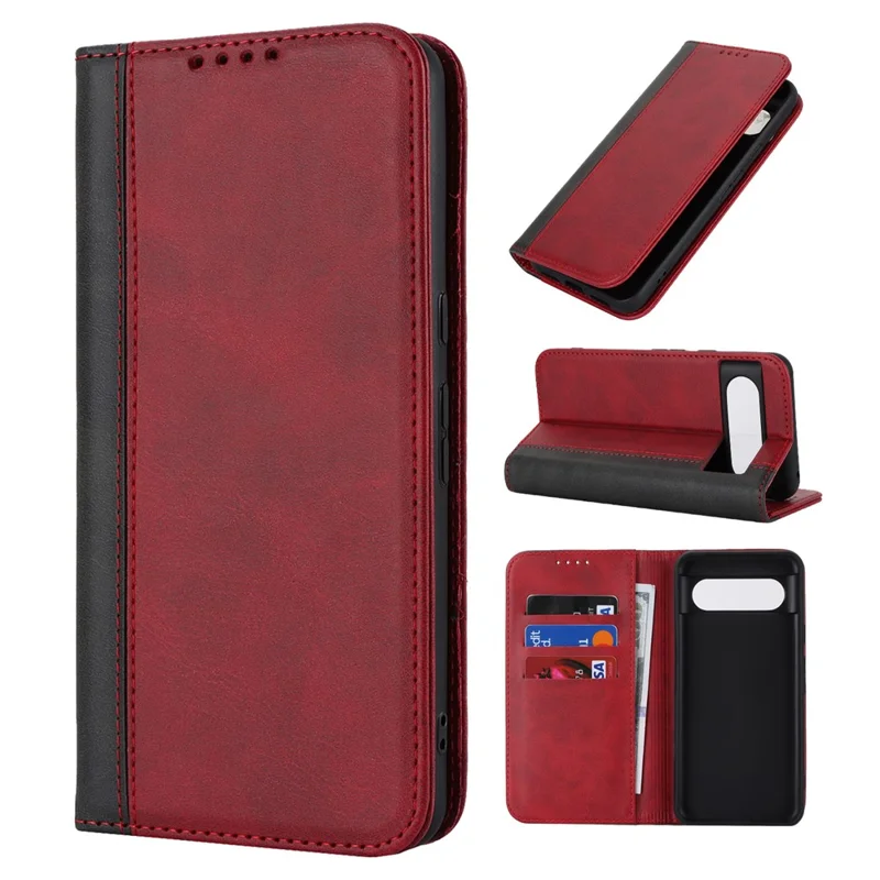For Google Pixel 8 PU Leather Phone Case Bi-color Splicing Stand Wallet Cover - Red+Black