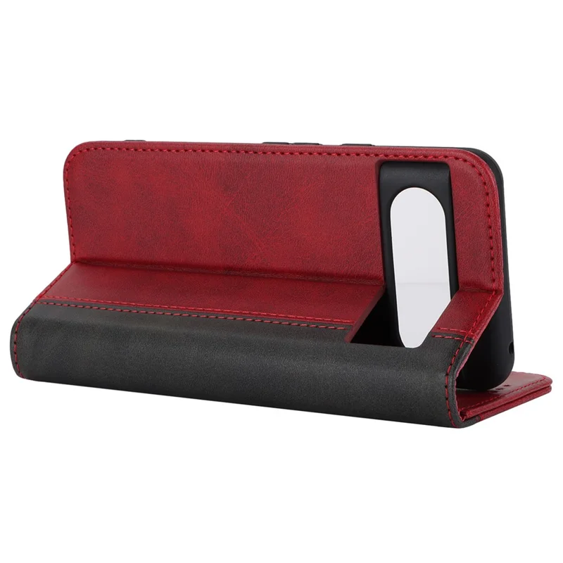 For Google Pixel 8 PU Leather Phone Case Bi-color Splicing Stand Wallet Cover - Red+Black