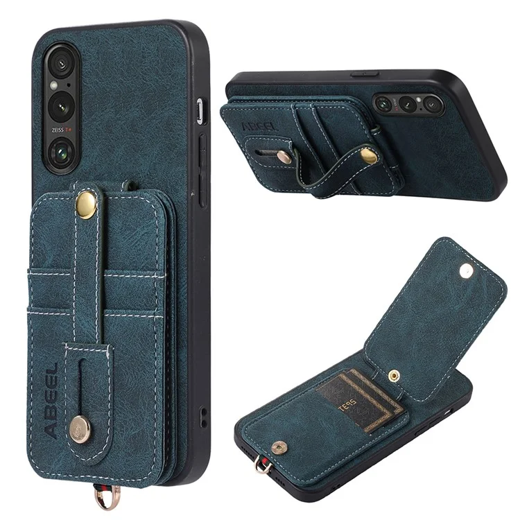ABEEL Stile 02 Per Sony Xperia 1 V Texture Litchi PU Leather+TPU+PC Cover Telefono Flip Verticale Slot per Schede Supporto - Blu