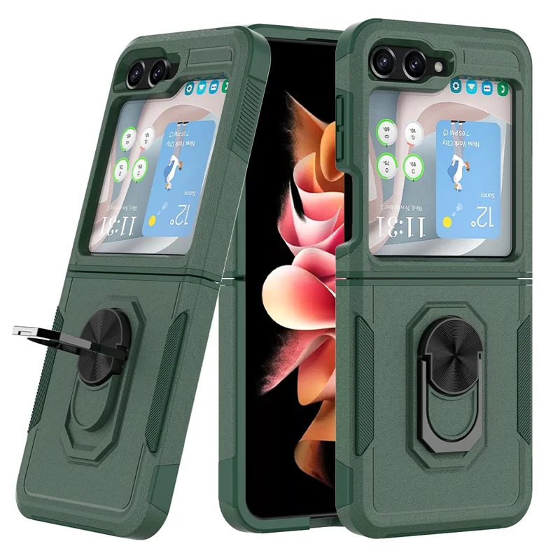 Для Samsung Galaxy Z Flip5 5G Металлический кольцевой держатель Kickstand Case PC+TPU Ударопрочный чехол для телефона - Темно-зеленый