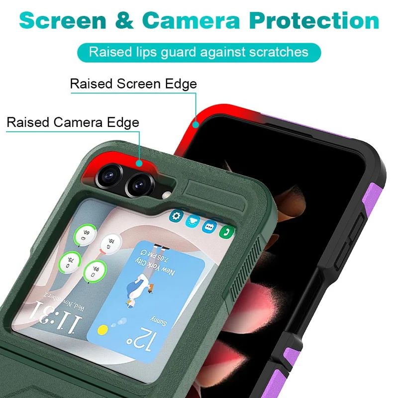 Для Samsung Galaxy Z Flip5 5G Металлический кольцевой держатель Kickstand Case PC+TPU Ударопрочный чехол для телефона - Темно-зеленый