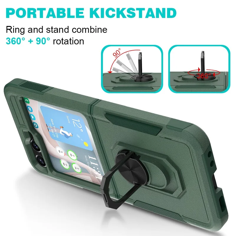 Для Samsung Galaxy Z Flip5 5G Металлический кольцевой держатель Kickstand Case PC+TPU Ударопрочный чехол для телефона - Темно-зеленый