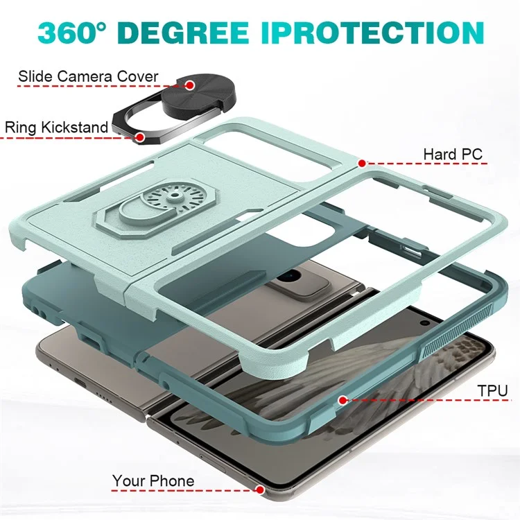 Shockproof Case for Google Pixel Fold Ring Kickstand Cover PC+TPU Hybrid Phone Case - Mint Green