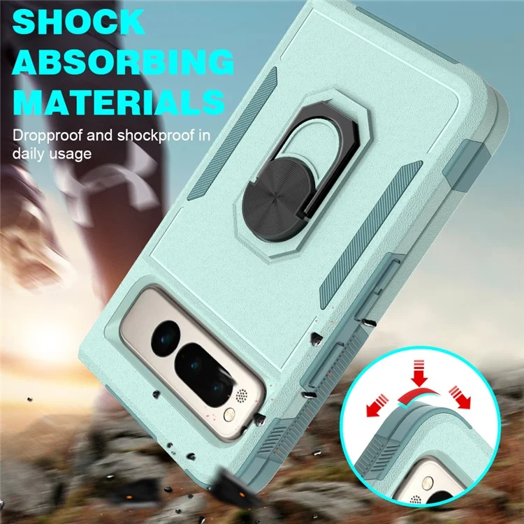 Shockproof Case for Google Pixel Fold Ring Kickstand Cover PC+TPU Hybrid Phone Case - Mint Green