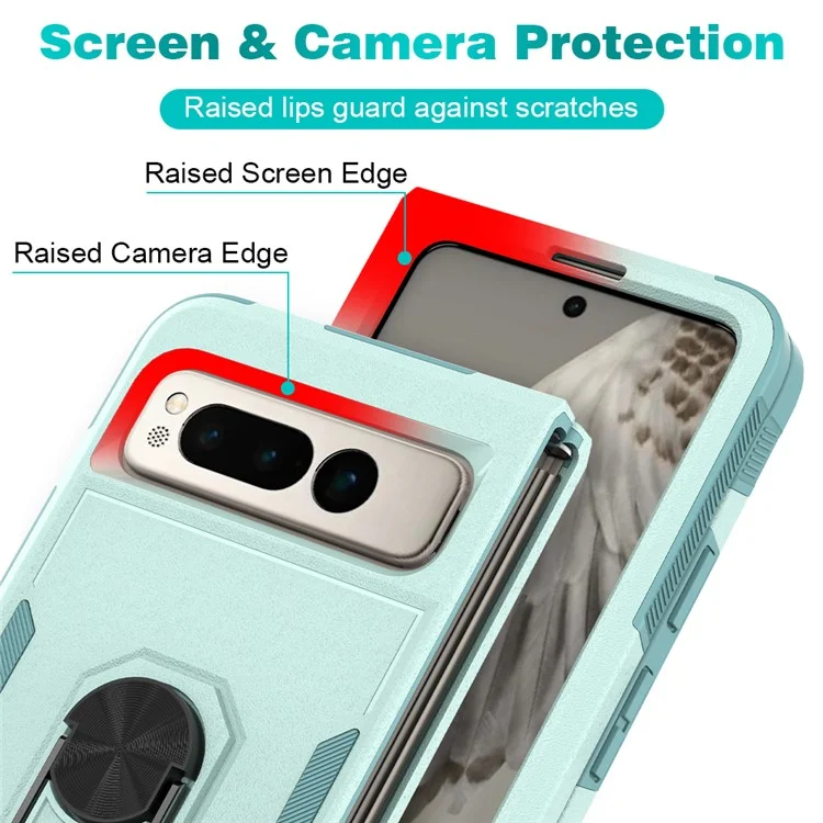 Shockproof Case for Google Pixel Fold Ring Kickstand Cover PC+TPU Hybrid Phone Case - Mint Green