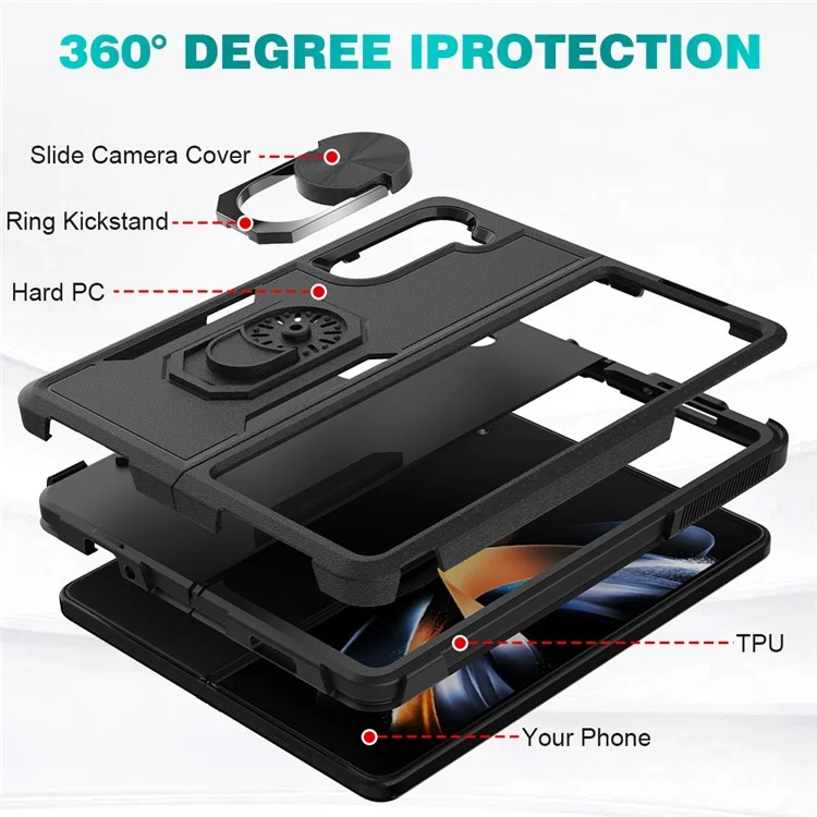 Custodia Per lo Shock Per Samsung Galaxy Z Fold5 5G Ring Kickstand Cover Pc+custodia Per Telefono Ibrido Tpu - Nero