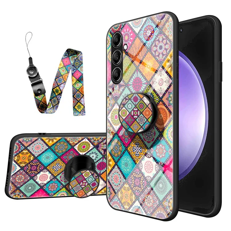 For Samsung Galaxy S23 FE Stylish Flower Kickstand Cover Tempered Glass+PC+TPU Phone Case with Lanyard - Checkered Pattern