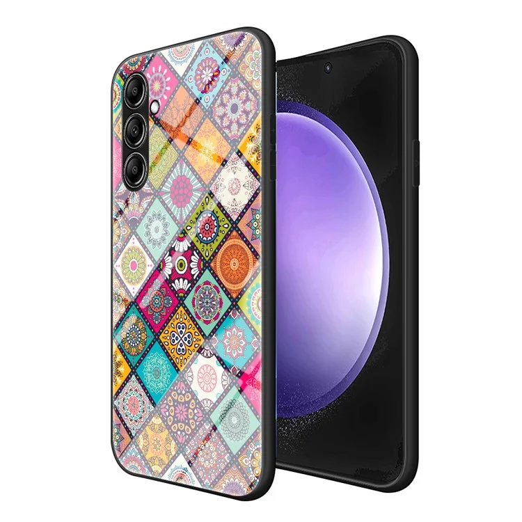 For Samsung Galaxy S23 FE Stylish Flower Kickstand Cover Tempered Glass+PC+TPU Phone Case with Lanyard - Checkered Pattern