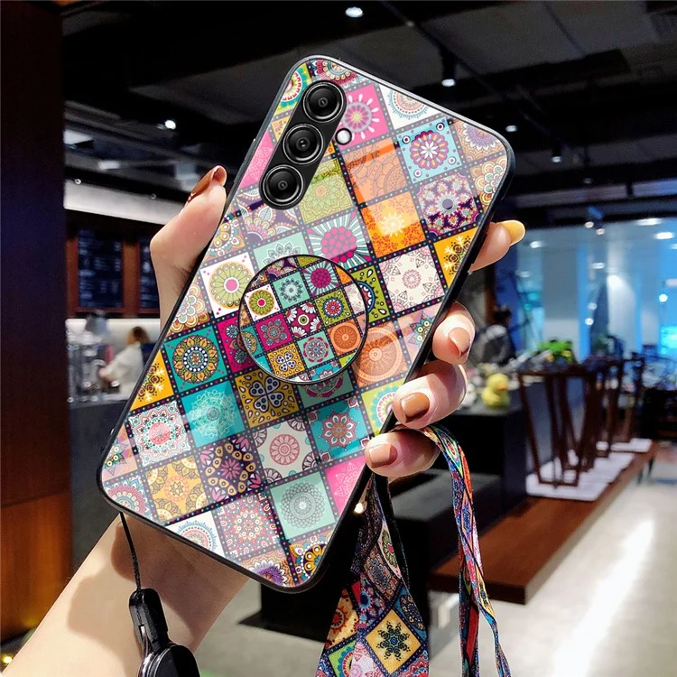 For Samsung Galaxy S23 FE Stylish Flower Kickstand Cover Tempered Glass+PC+TPU Phone Case with Lanyard - Checkered Pattern