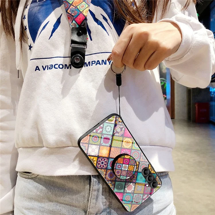 For Samsung Galaxy S23 FE Stylish Flower Kickstand Cover Tempered Glass+PC+TPU Phone Case with Lanyard - Checkered Pattern