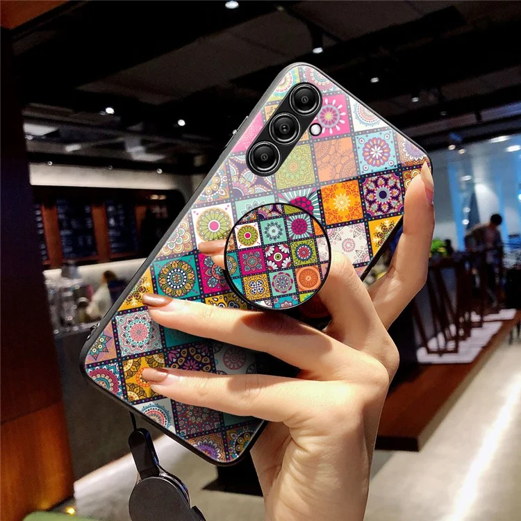For Samsung Galaxy S23 FE Stylish Flower Kickstand Cover Tempered Glass+PC+TPU Phone Case with Lanyard - Checkered Pattern