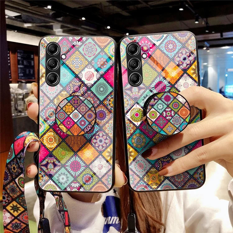 For Samsung Galaxy S23 FE Stylish Flower Kickstand Cover Tempered Glass+PC+TPU Phone Case with Lanyard - Checkered Pattern