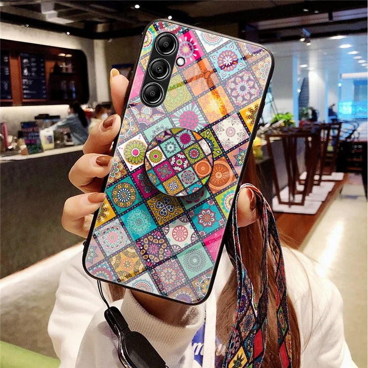 For Samsung Galaxy S23 FE Stylish Flower Kickstand Cover Tempered Glass+PC+TPU Phone Case with Lanyard - Checkered Pattern