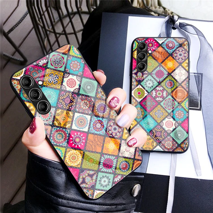 For Samsung Galaxy S23 FE Stylish Flower Kickstand Cover Tempered Glass+PC+TPU Phone Case with Lanyard - Checkered Pattern