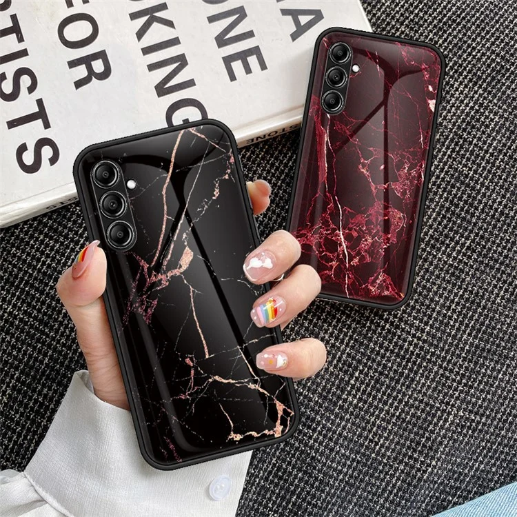 Pour Samsung Galaxy S23 FE Marble Pattern Phone Case Tempered Glass+PC Back TPU Frame Protective Cover - White Marble