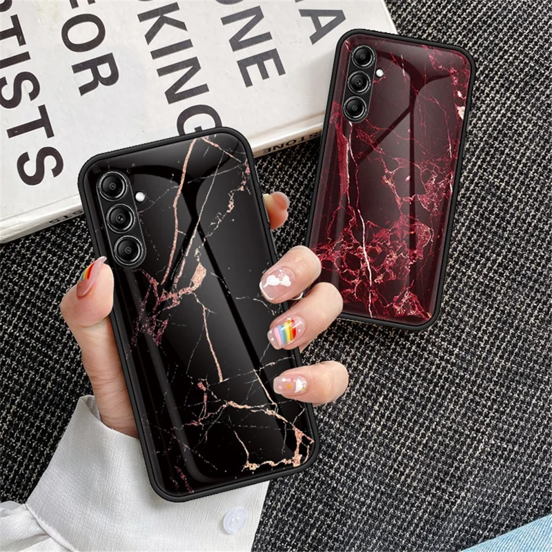 For Samsung Galaxy S23 FE Marble Pattern Phone Case Tempered Glass+PC Back TPU Frame Protective Cover - Blood Red Marble