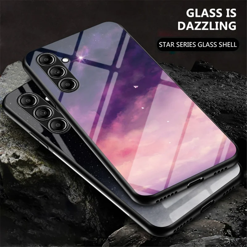 Pour Samsung Galaxy S23 FE Starry Sky Pattern Tempered Glass Case PC+TPU Anti-Scratch Phone Cover - Dream Starry Sky