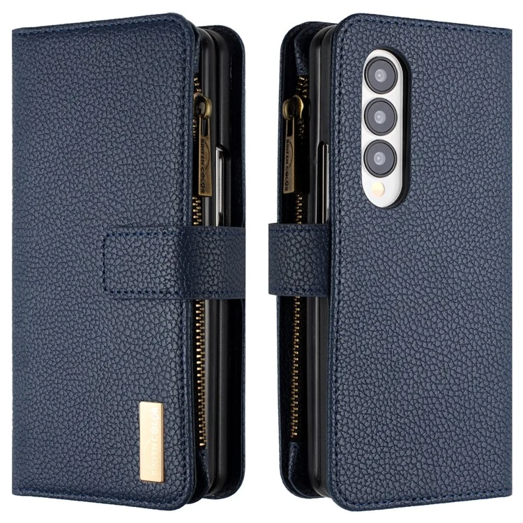 BINFEN COLOR Zipper Pocket PU Leather Case для Samsung Galaxy Z Fold4 5G, Wallet Stand Litchi Texture Phone Cover - Blue