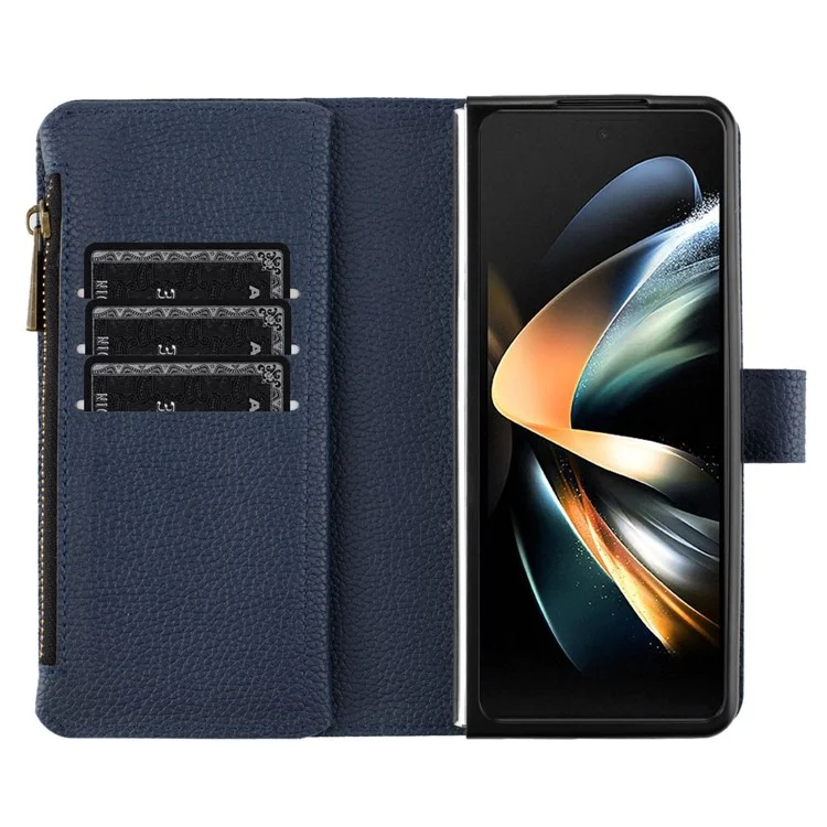 BINFEN COLOR Zipper Pocket PU Leather Case для Samsung Galaxy Z Fold4 5G, Wallet Stand Litchi Texture Phone Cover - Blue
