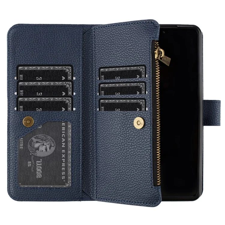 BINFEN COLOR Zipper Pocket PU Leather Case для Samsung Galaxy Z Fold4 5G, Wallet Stand Litchi Texture Phone Cover - Blue