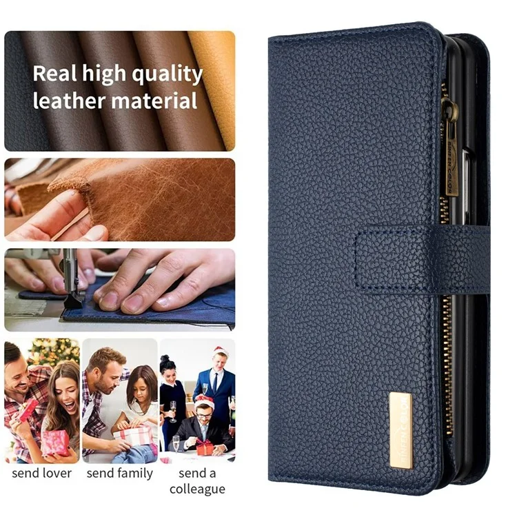 BINFEN COLOR Zipper Pocket PU Leather Case для Samsung Galaxy Z Fold4 5G, Wallet Stand Litchi Texture Phone Cover - Blue