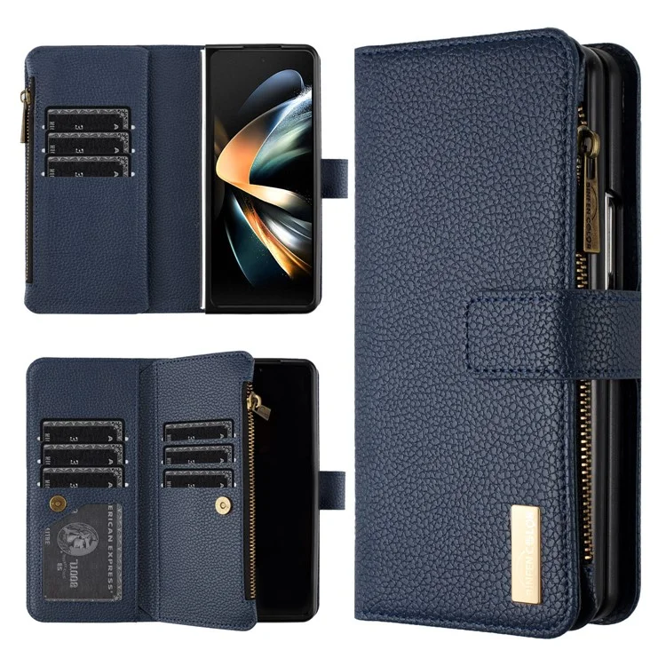 BINFEN COLOR Zipper Pocket PU Leather Case для Samsung Galaxy Z Fold4 5G, Wallet Stand Litchi Texture Phone Cover - Blue