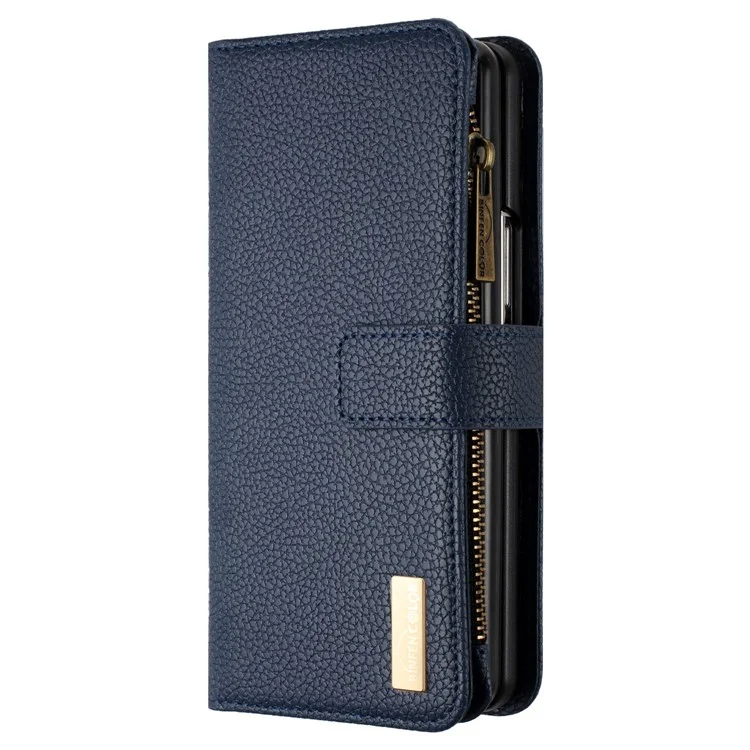 BINFEN COLOR Zipper Pocket PU Leather Case для Samsung Galaxy Z Fold4 5G, Wallet Stand Litchi Texture Phone Cover - Blue