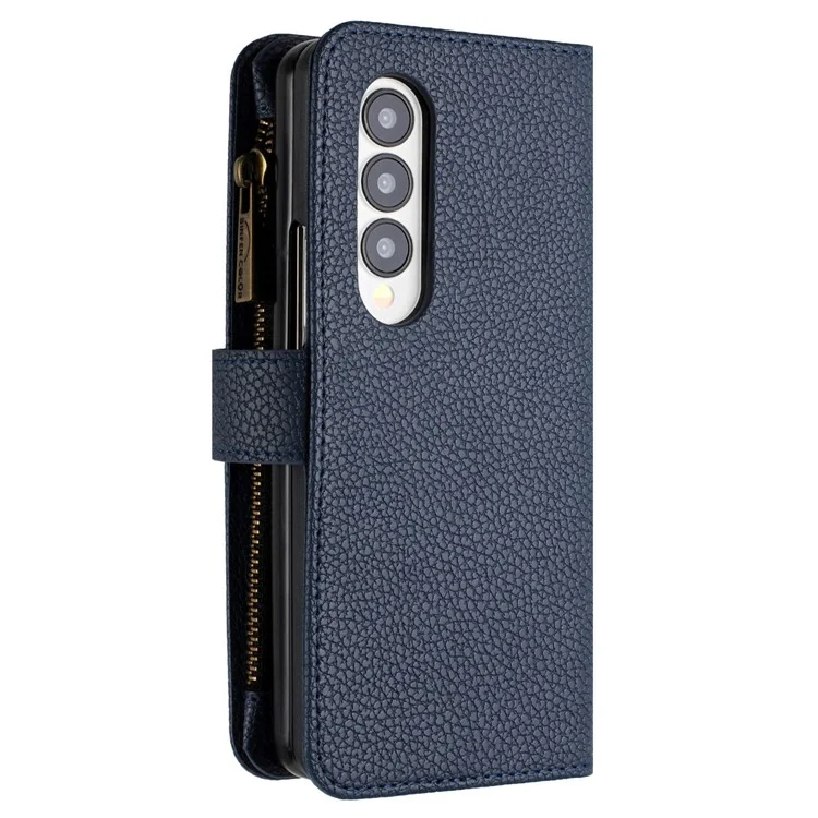 BINFEN COLOR Zipper Pocket PU Leather Case для Samsung Galaxy Z Fold4 5G, Wallet Stand Litchi Texture Phone Cover - Blue