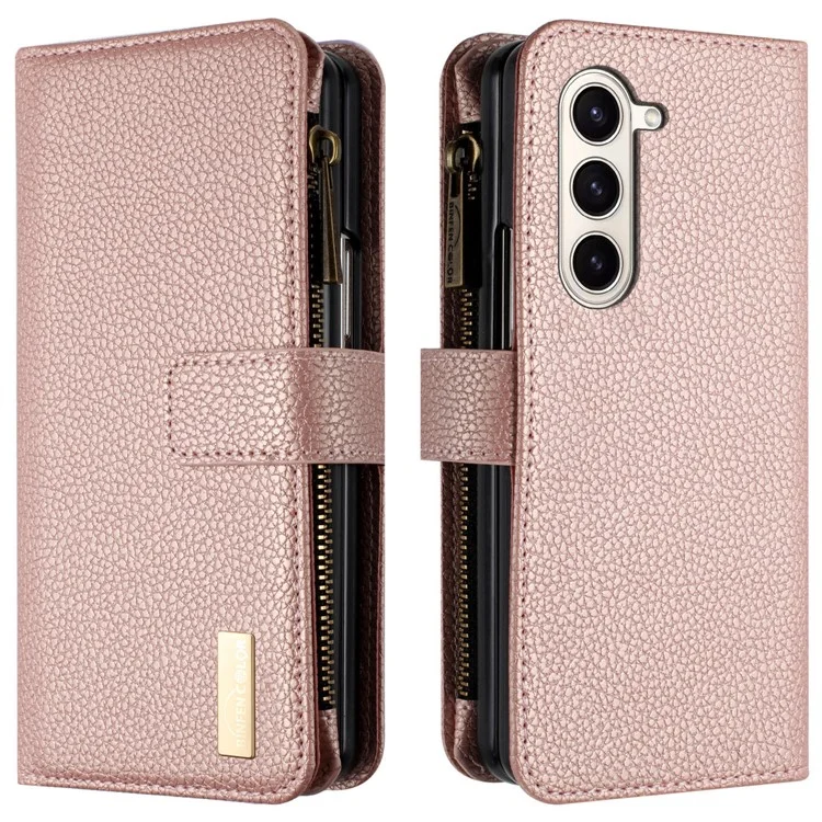 BINFEN COLOR для Samsung Galaxy Z Fold5 5G, чехол-книжка из искусственной кожи с текстурой личи, с подставкой, карманом на молнии, чехол-бумажник для телефона - Золотисто-розовый