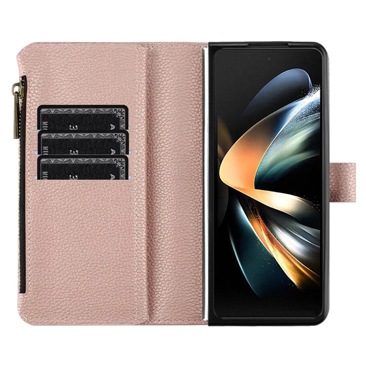 BINFEN COLOR для Samsung Galaxy Z Fold5 5G, чехол-книжка из искусственной кожи с текстурой личи, с подставкой, карманом на молнии, чехол-бумажник для телефона - Золотисто-розовый