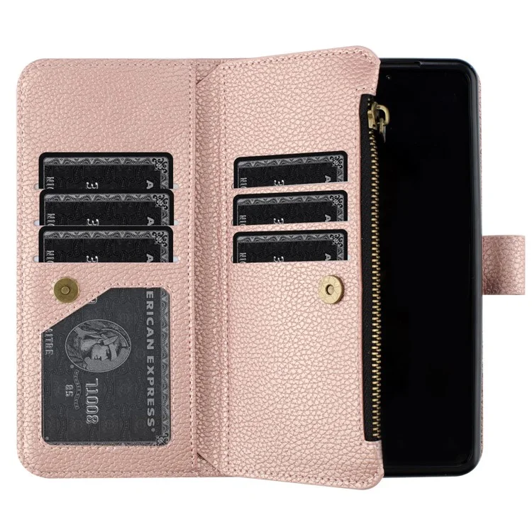 BINFEN COLOR для Samsung Galaxy Z Fold5 5G, чехол-книжка из искусственной кожи с текстурой личи, с подставкой, карманом на молнии, чехол-бумажник для телефона - Золотисто-розовый