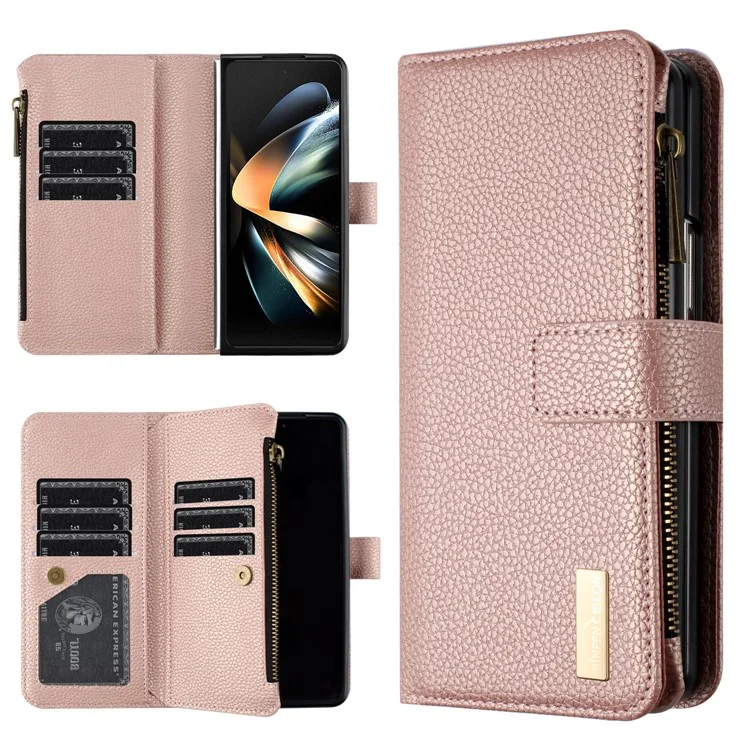 BINFEN COLOR для Samsung Galaxy Z Fold5 5G, чехол-книжка из искусственной кожи с текстурой личи, с подставкой, карманом на молнии, чехол-бумажник для телефона - Золотисто-розовый