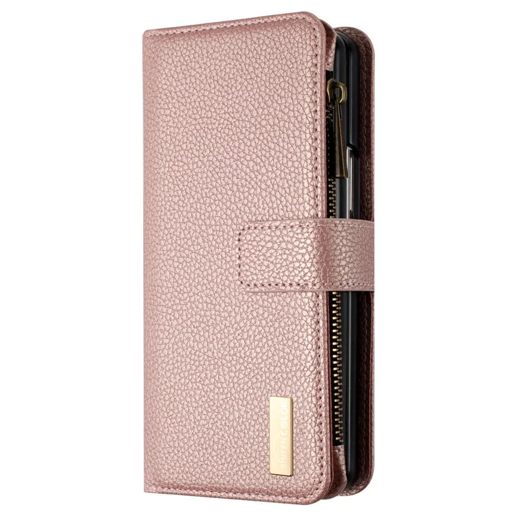 BINFEN COLOR для Samsung Galaxy Z Fold5 5G, чехол-книжка из искусственной кожи с текстурой личи, с подставкой, карманом на молнии, чехол-бумажник для телефона - Золотисто-розовый