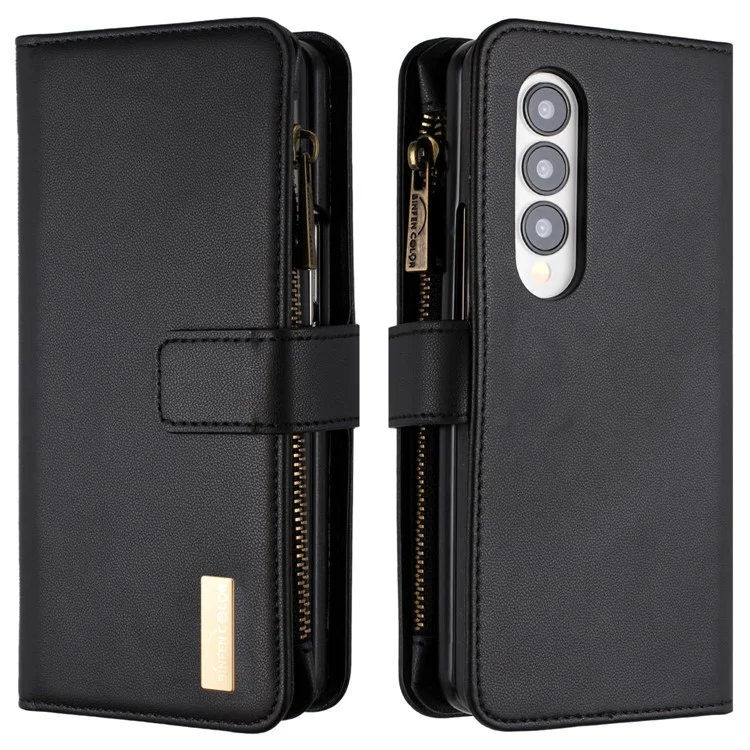 BINFEN COLOR For Samsung Galaxy Z Fold4 5G Matte Zipper Pocket Phone Case PU Leather Stand Wallet Cover - Black